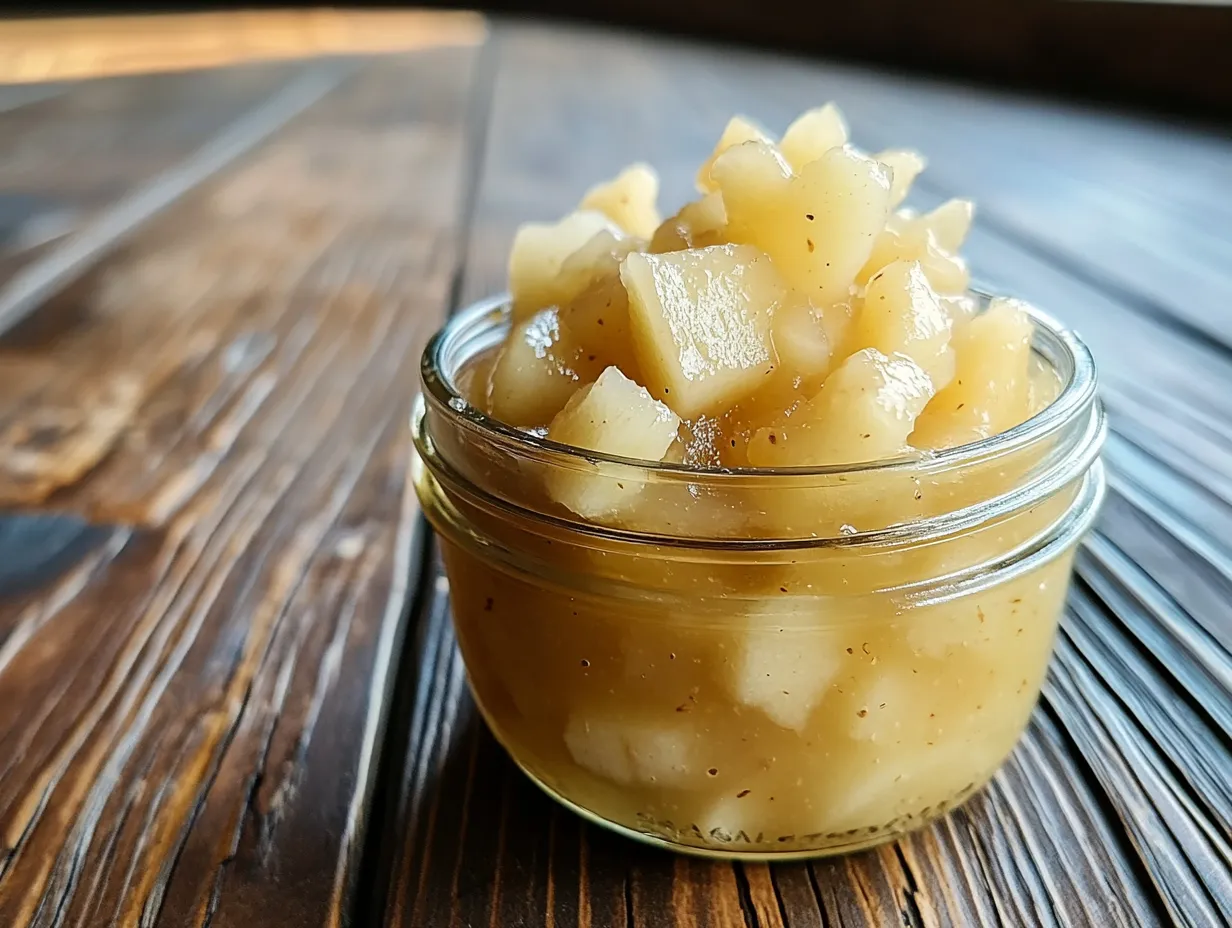 Gammaldags äppelmos i en rustik skål med synliga äppelbitar och en träslev.