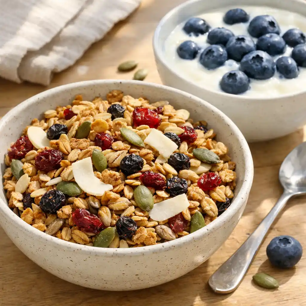 glutenfri granola i glasburk med yoghurt och bär, krispig och gyllene från ugnen