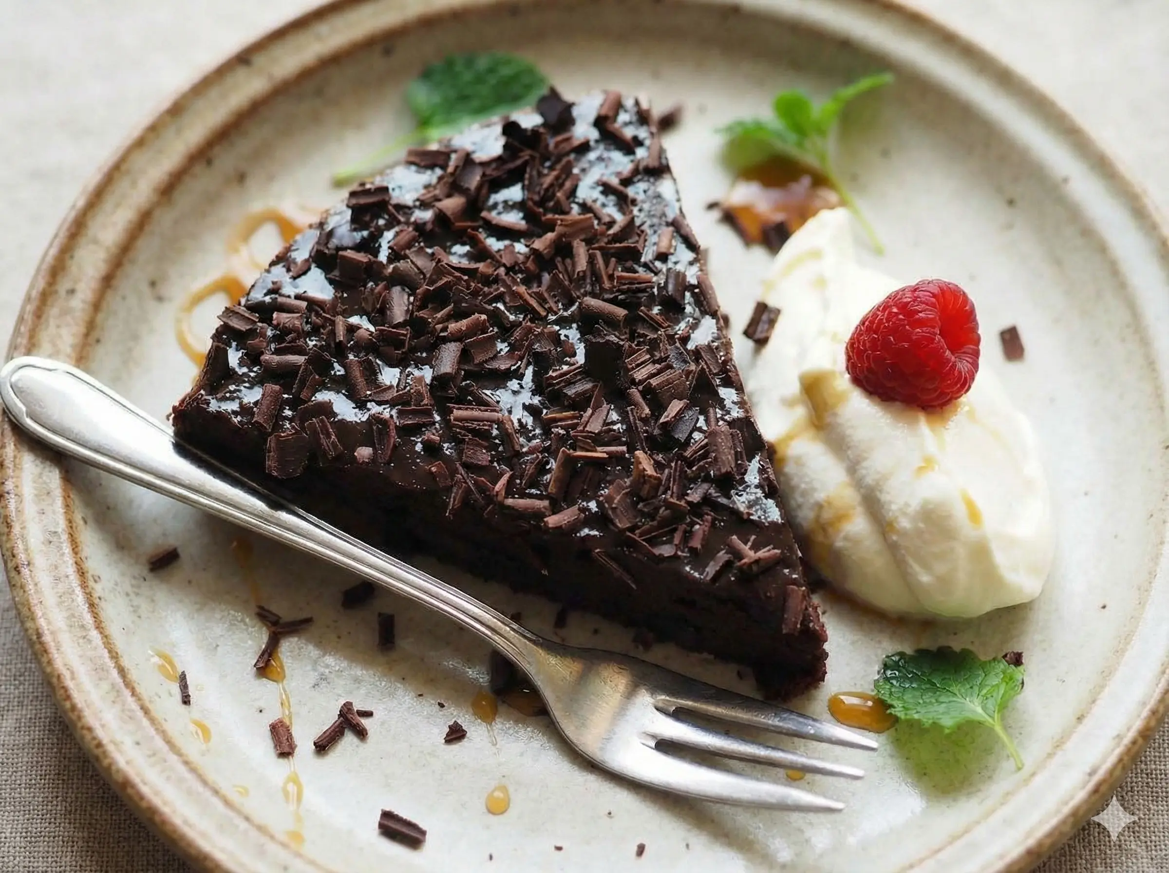 En bit kladdig glutenfri kladdkaka serverad med lättvispad grädde och färska bär på ett rustikt fat.