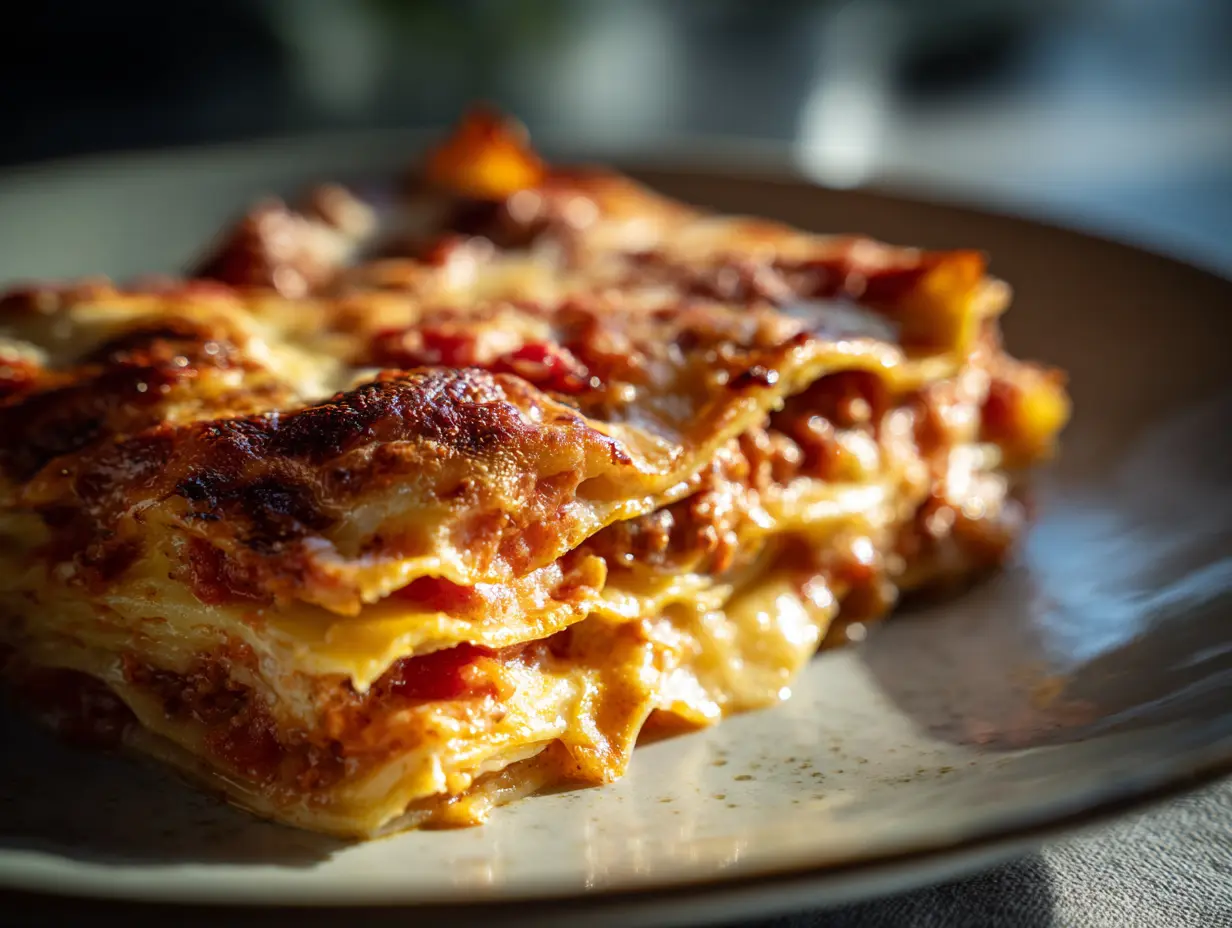 En rykande varm glutenfri lasagne med majsplattor i ugnsform med smält gyllenbrun ost på toppen och färsk basilika.