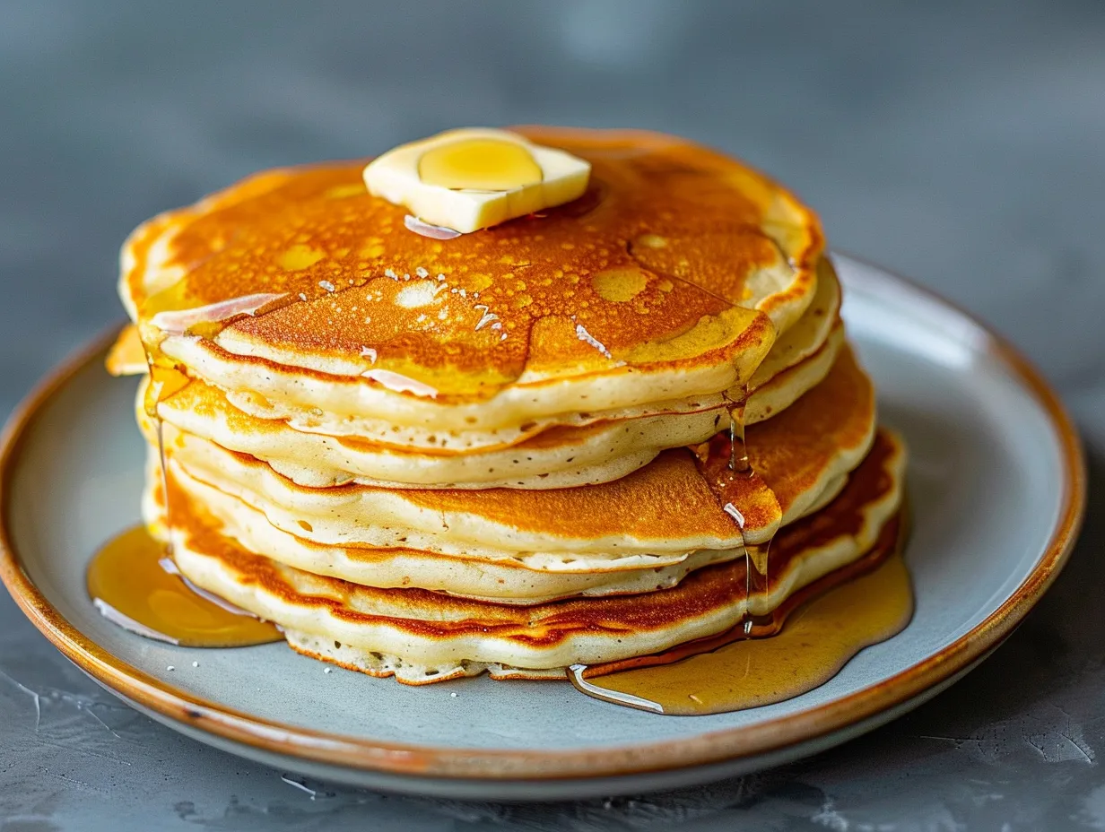 En hög stapel med fluffiga glutenfria amerikanska pannkakor toppade med rinnande lönnsirap och färska blåbär på en vit tallrik.