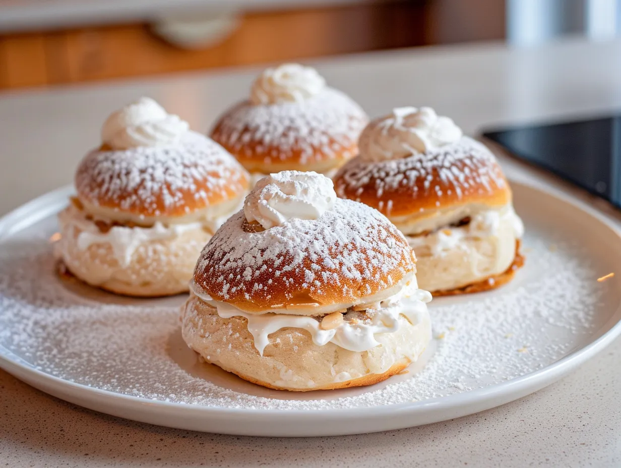 Glutenfria semlor med grädde och mandelfyllning pudrade med florsocker