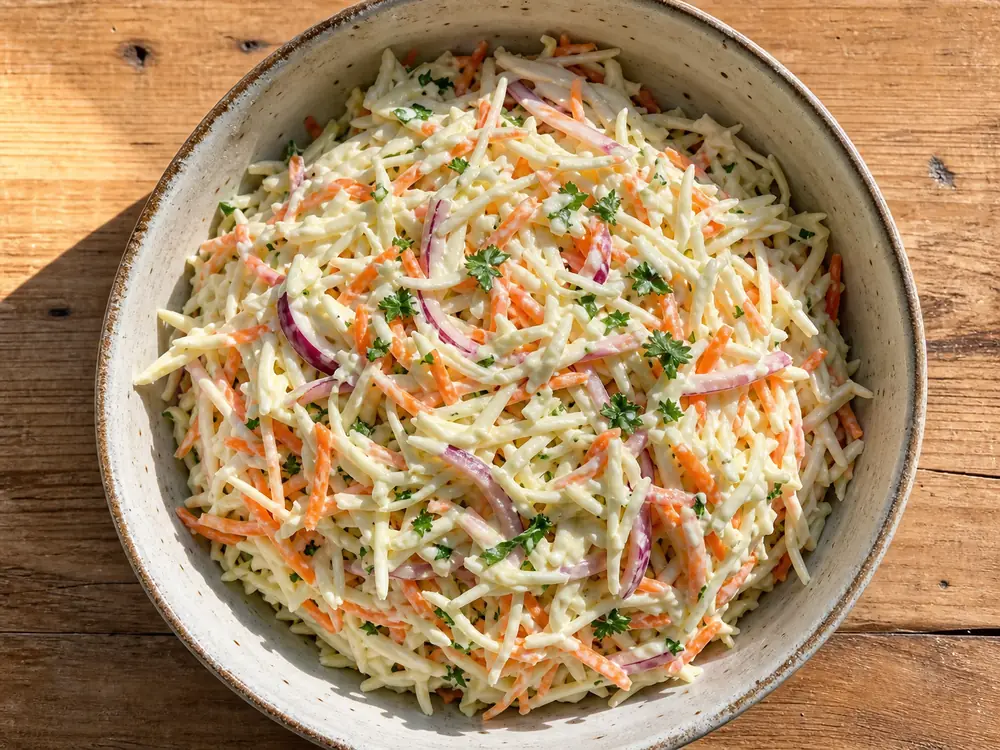 godaste coleslaw i skål med vitkål, morot, rödlök och krämig dressing, färdig att servera