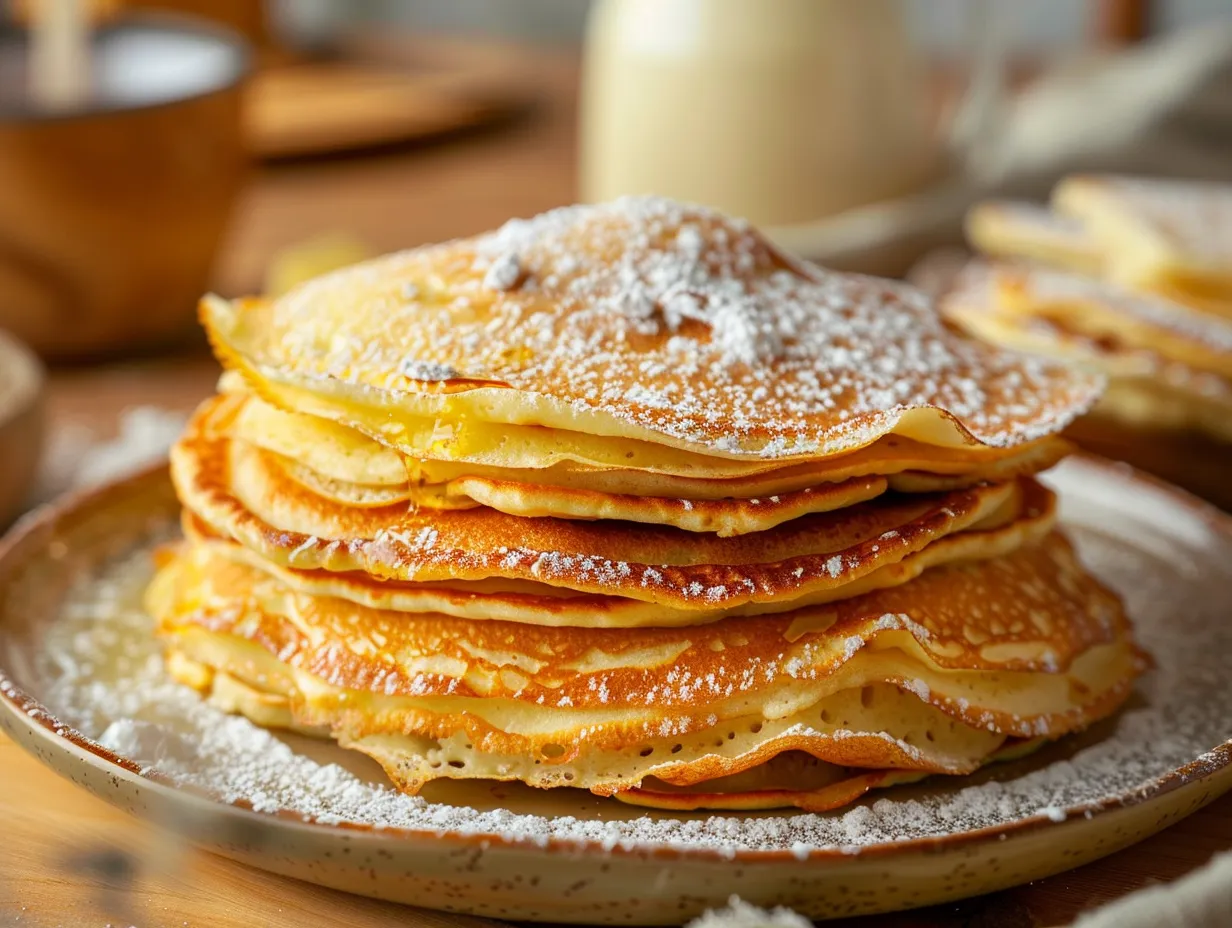Godaste pannkakorna serverade på ett rustikt fat, toppade med färska jordgubbar, pudrat florsocker och krämig vispgrädde.