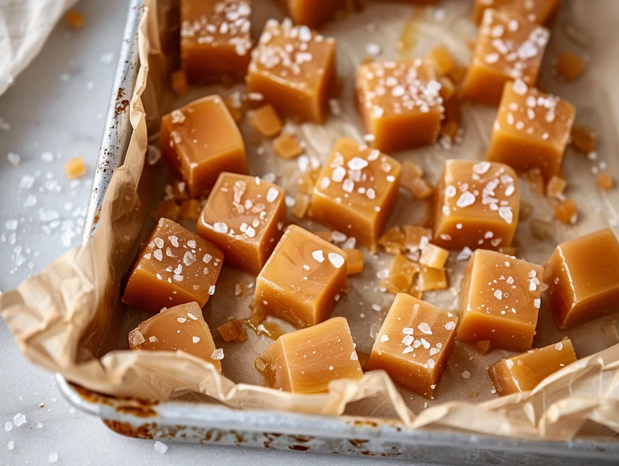 En närbild på gyllenbrun gräddkola toppad med havssalt som ligger vackert upplagd på ett rustikt bakplåtspapper.