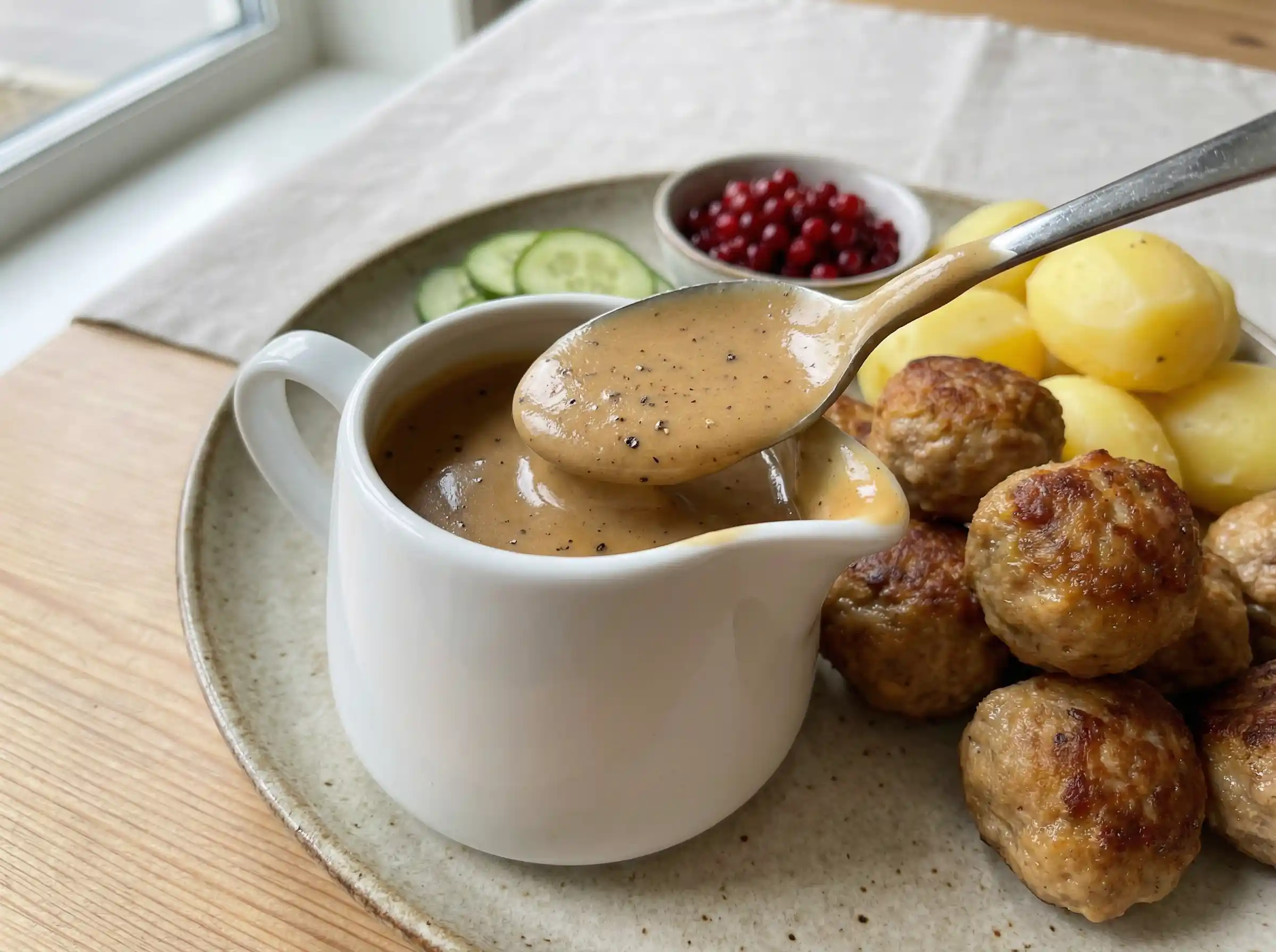 gräddsås till köttbullar i liten kanna, len och brun med blank yta, serverad till svensk husmanskost.
