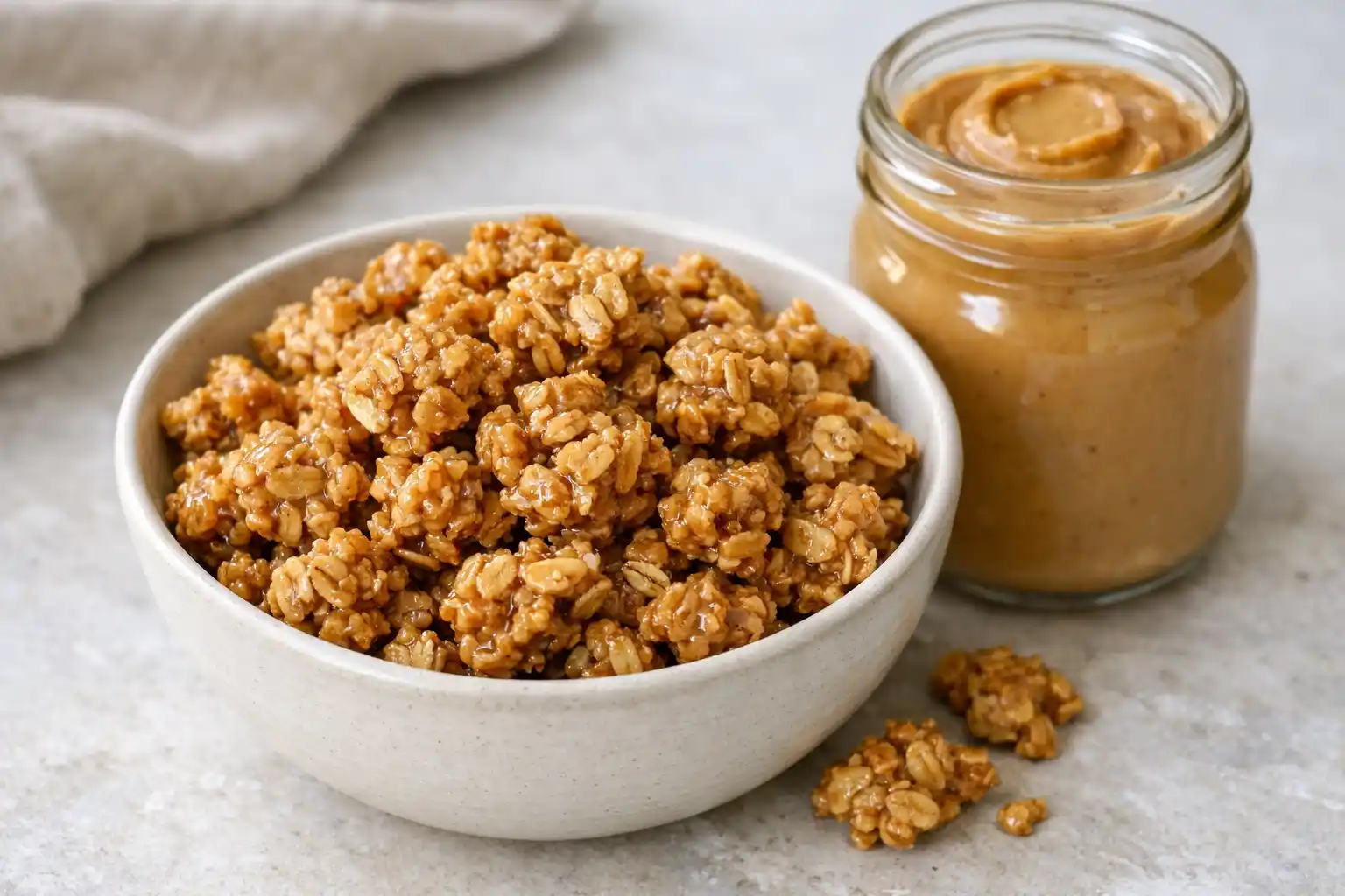 granola med jordnötssmör i skål, gyllene och krispig med nötig doft och stora kluster