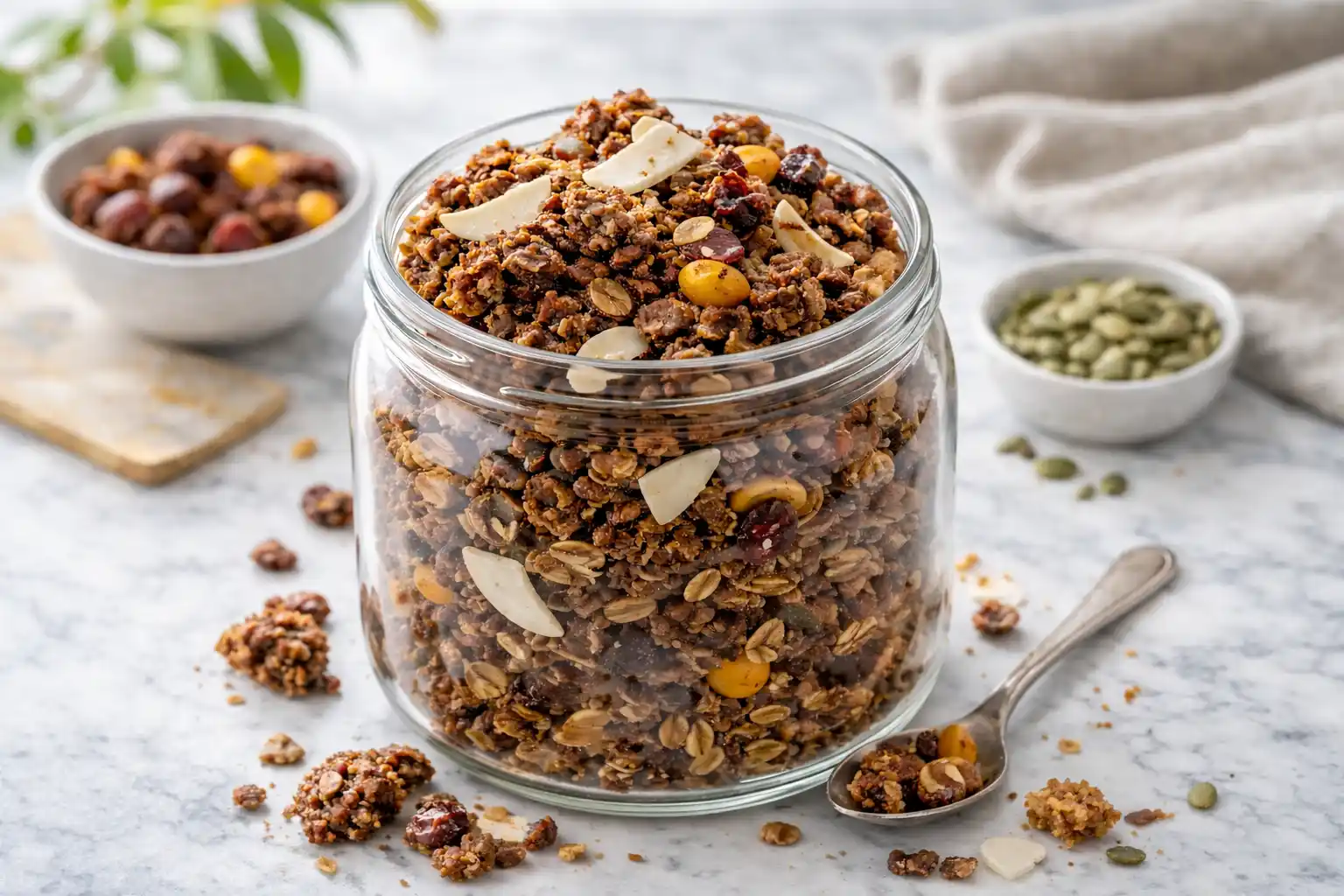 granola med kakao i glasburk, krispig och mörk med nötter och kokoschips på toppen.