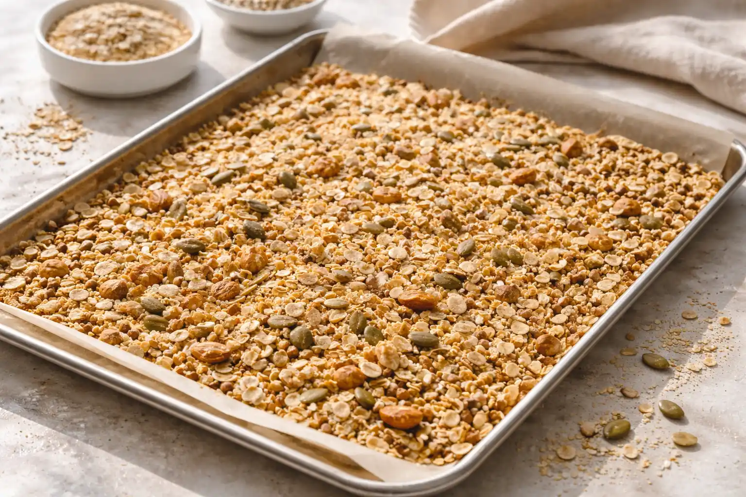 granola utan oligofruktos på plåt med gyllene kluster av havre, frön och nötter