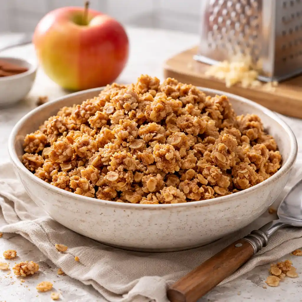 granola utan socker på plåt, gyllene och krispig med äpple och kanel, serverad med yoghurt i skål