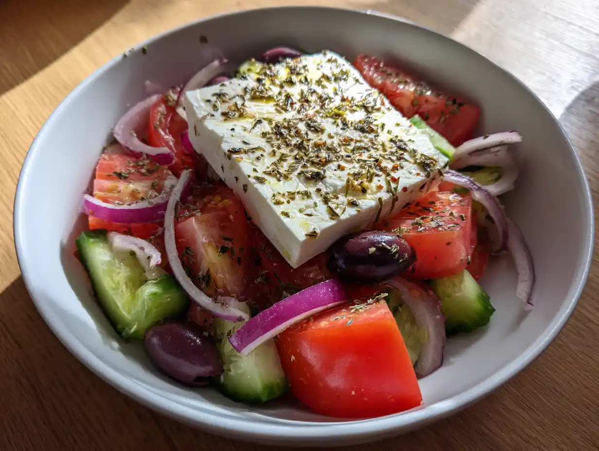 Grekisk sallad i skål med tomat, gurka, oliver, rödlök och fetaostkub, oregano och olivolja, naturligt ljus
