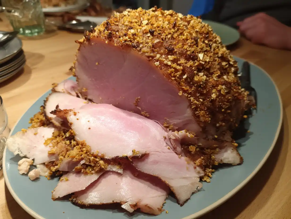 Griljering av julskinka med gyllene senapsyta, ströbröd och saftiga skivor upplagda på fat hemma i köket.