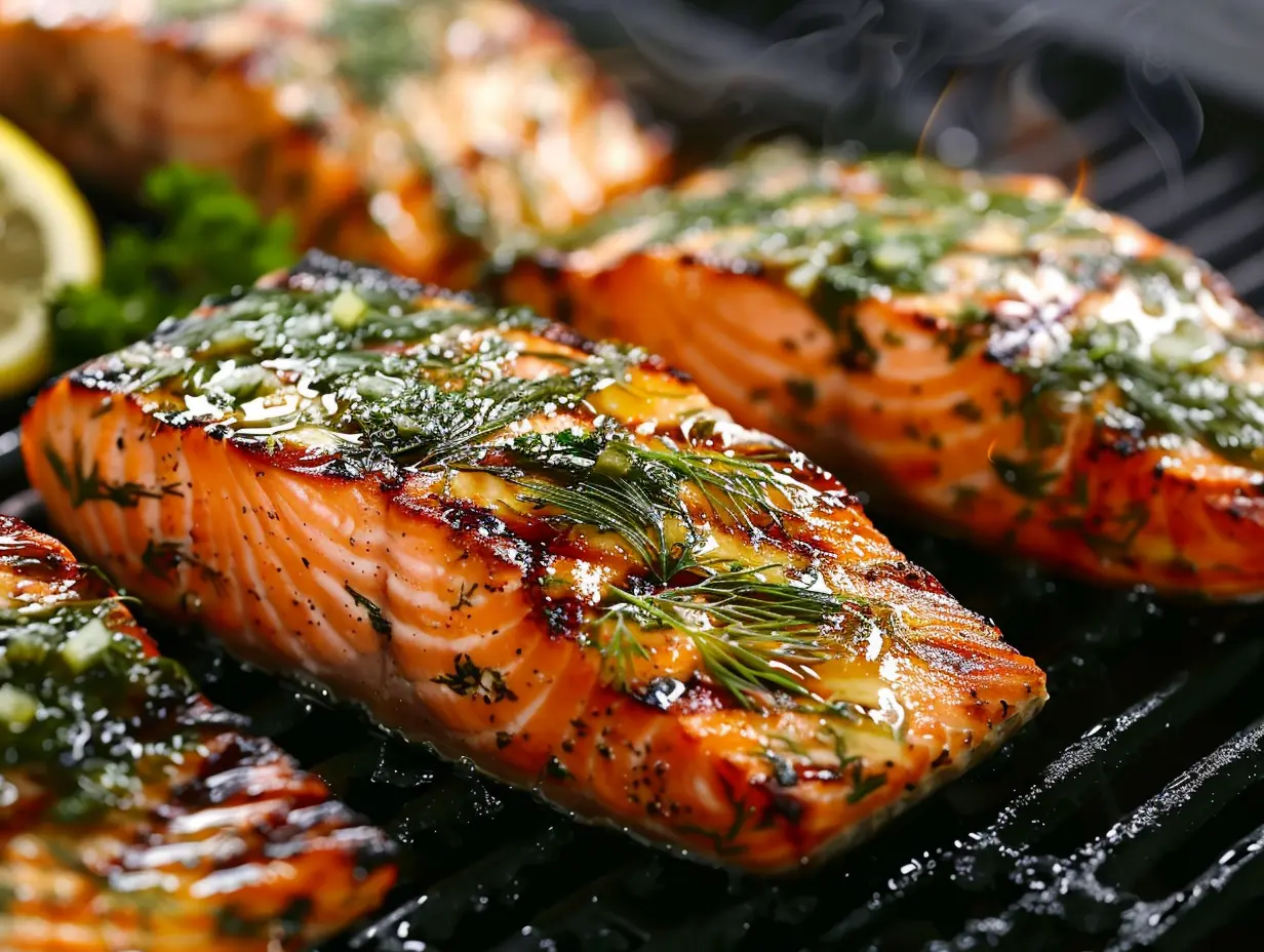 Grillad lax med örtsmör som smälter över de nystekta filéerna serverade med färsk citron och dillkvistar.