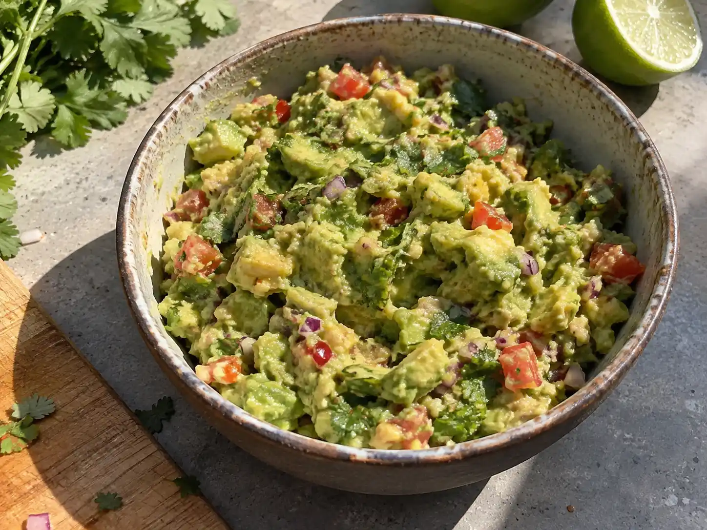 guacamole i skål med avokado, lime, tomat, rödlök och koriander, grovt mosad med krämig konsistens
