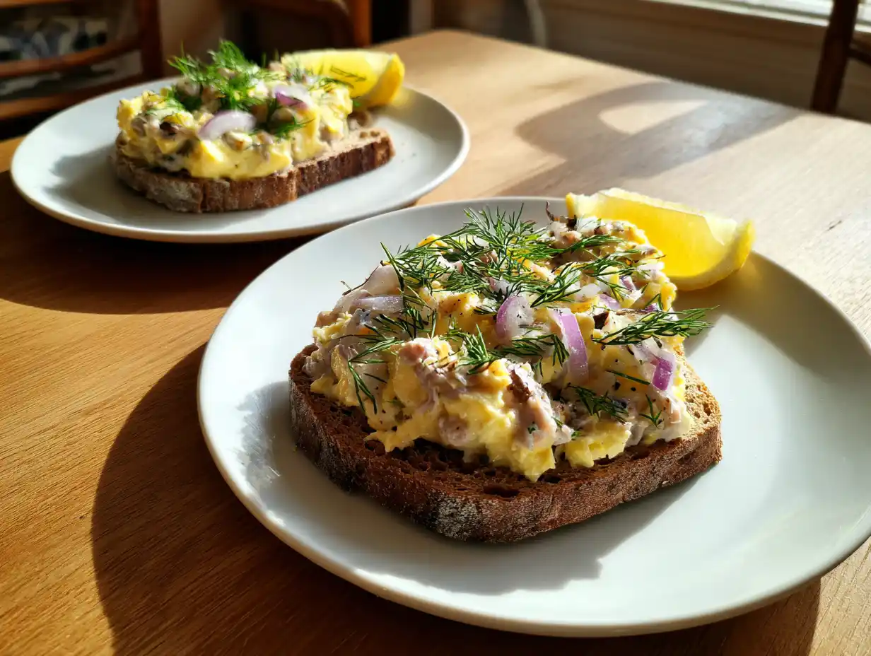 Gubbröra förrätt på croutoner med löjrom och gräslök på vit tallrik, naturligt fönsterljus