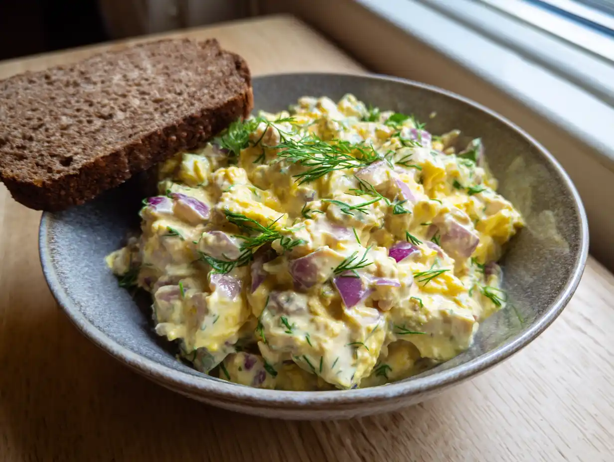 Gubbröra matjesill i skål med hackad ägg, sillbitar och gräslök, naturligt sidoljus