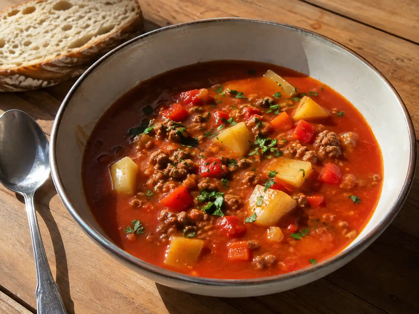 Gulaschsoppa med köttfärs i djup tallrik med potatis, röd paprika, persilja och mustig tomatbuljong