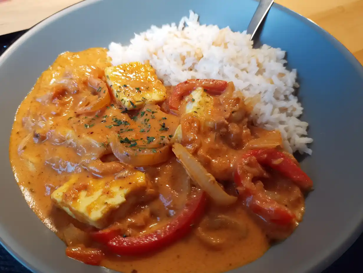 halloumi stroganoff i djup tallrik med krämig tomatsås, paprika, lök och ris, nyss lagad i enkelt hemmakök