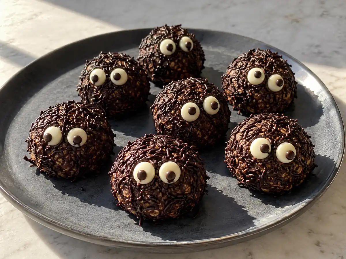 halloween chokladbollar täckta av mörkt chokladströssel med vita chokladögon och mörka små pupiller