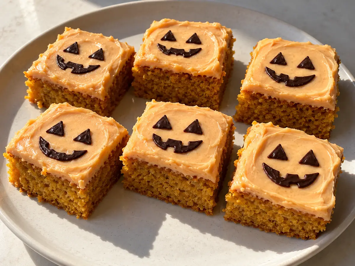 Saftiga pumpakaksrutor med ljus orange apelsinkräm och enkla mörka chokladansikten på ett fat