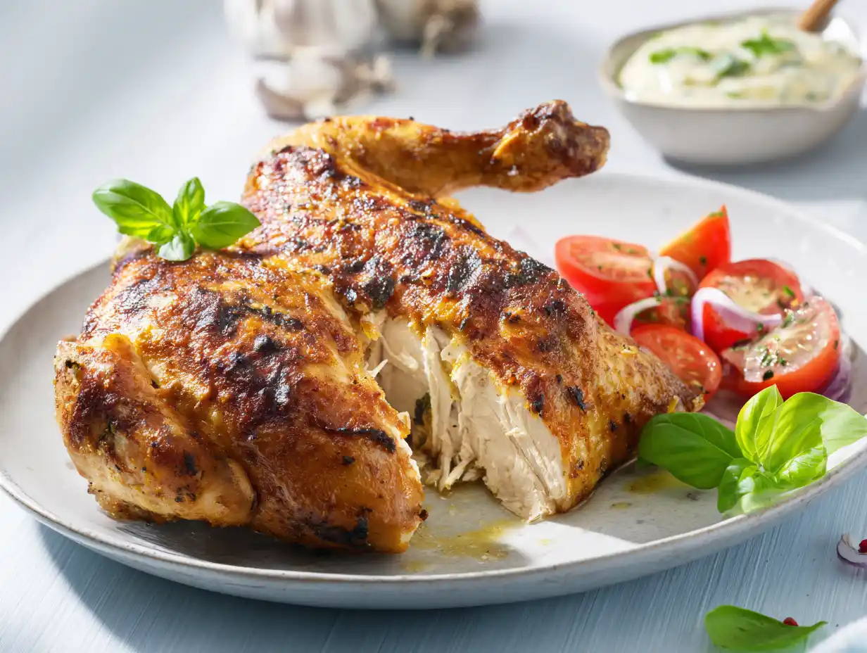 halv kyckling i ugn med gyllene skinn, tomatsallad med rödlök och krämig bearnaise på ett ljust fat.