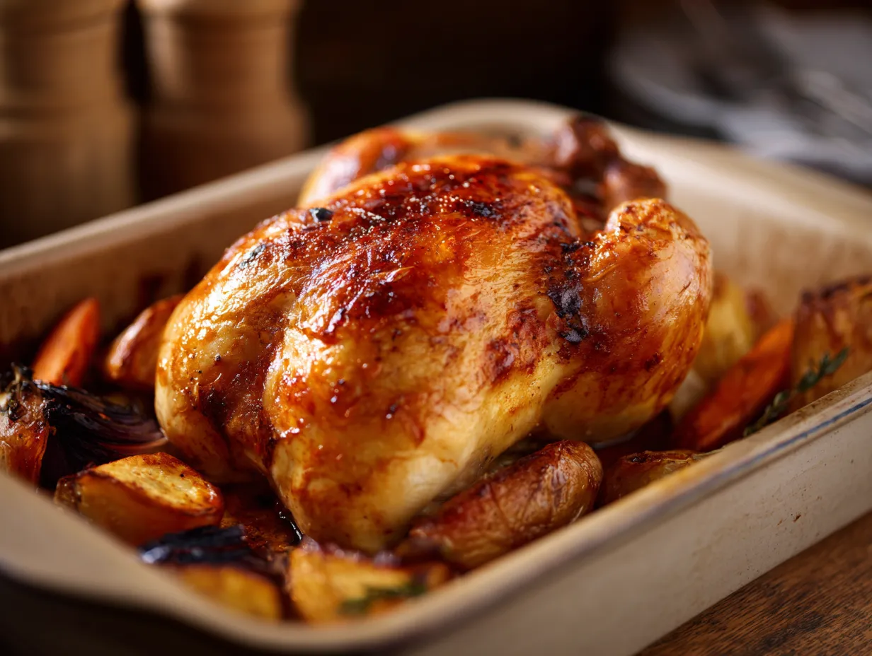 Hel kyckling i ugn med krispigt skinn, citron och örter serverad i ugnsform.
