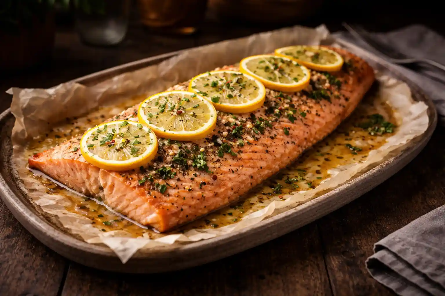 Hel lax i ugn på plåt med citron och örter, serverad med kall örtsås bredvid.