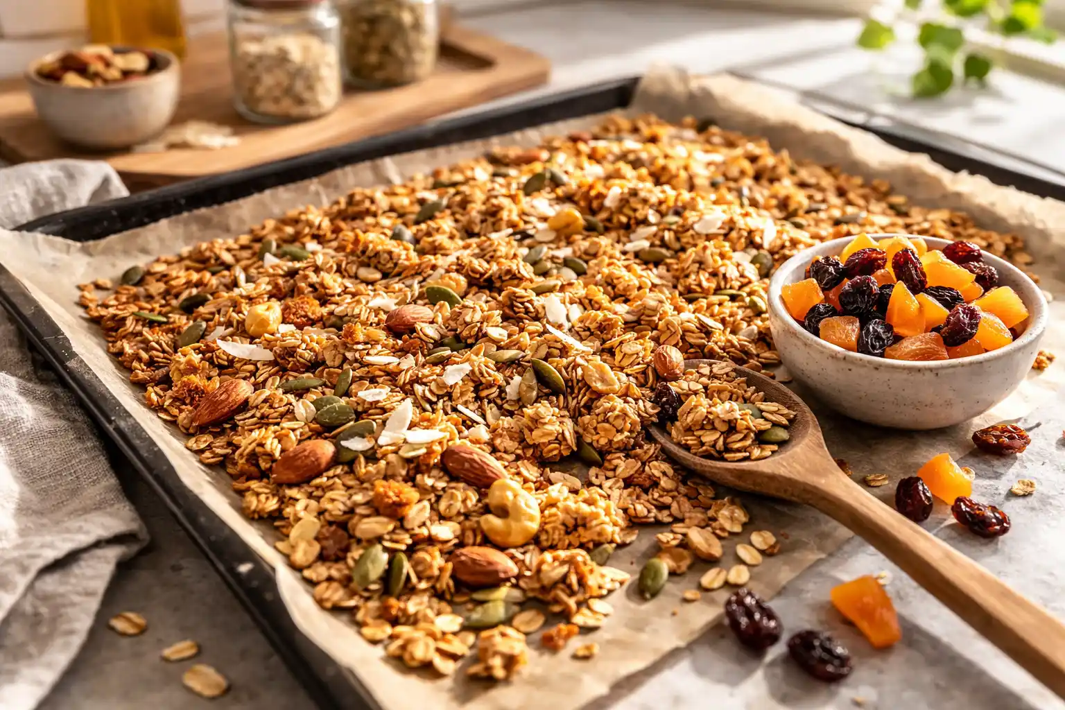 hemmagjord granola på plåt med havregryn, nötter och kokos som rostats gyllene i ugn.