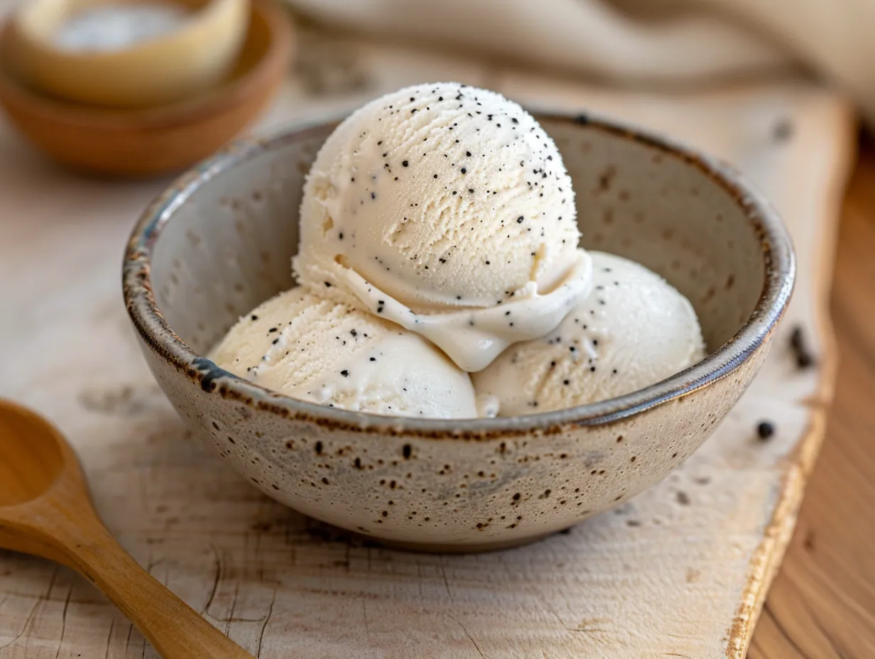 En kula hemmagjord vaniljglass med synliga vaniljfrön serverad i en skål.