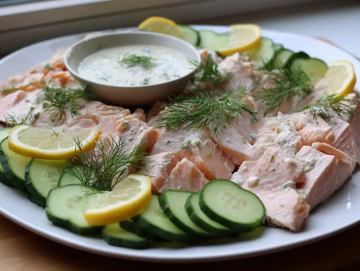 Inkokt lax på fat med dillkvistar, citronklyftorna och gurka, naturligt fönsterljus