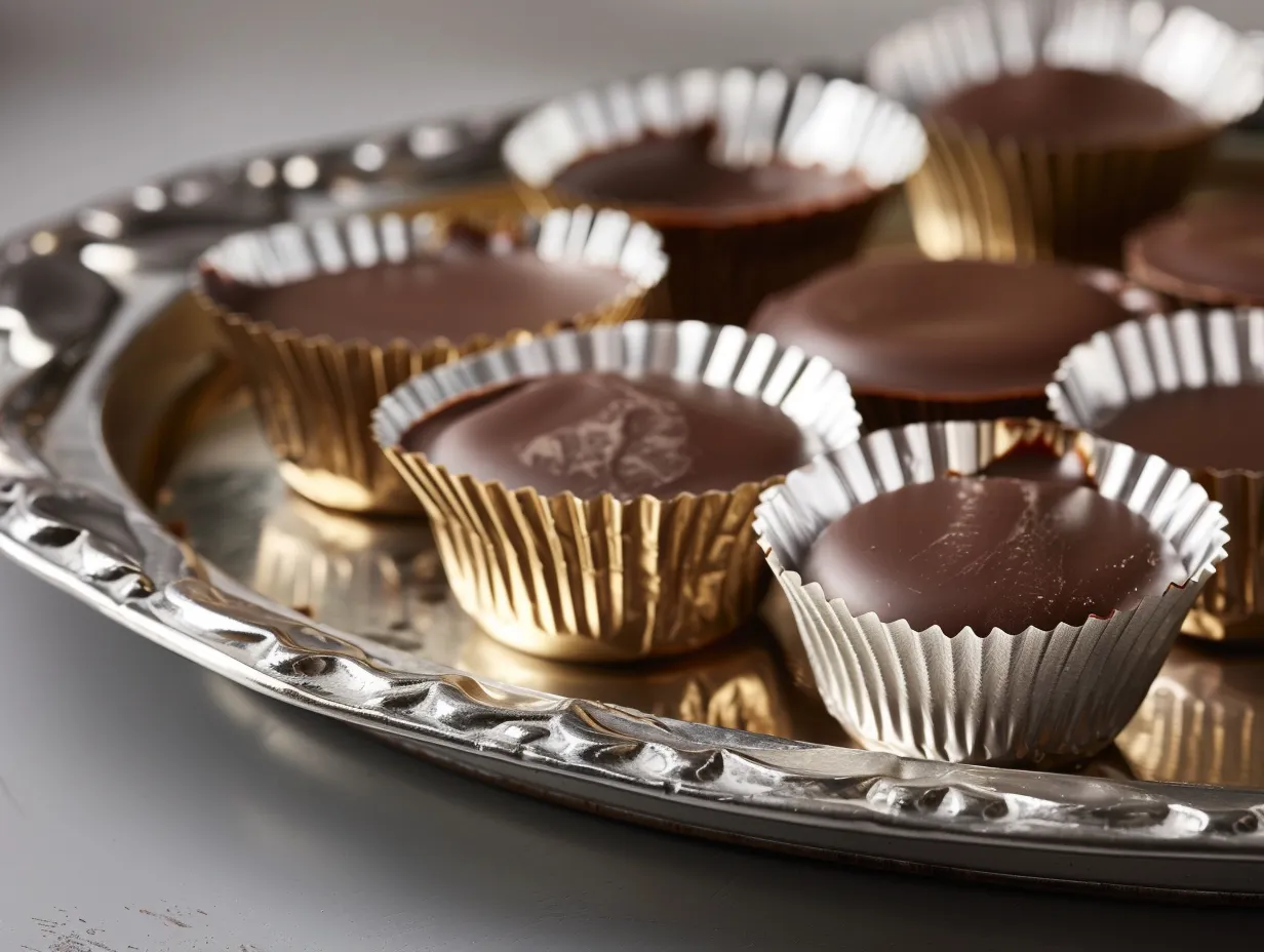 Små skimrande aluminiumformar fyllda med mörk och glansig ischoklad på en vacker bricka.