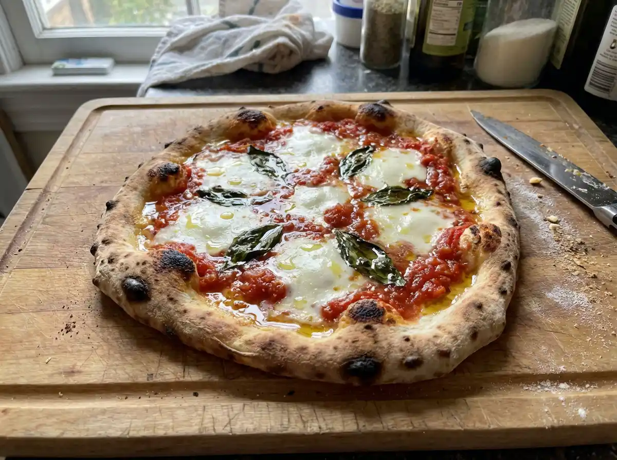 italiensk pizza med tunn botten, leopardfläckar på kanten, San Marzano-tomat och buffelmozzarella