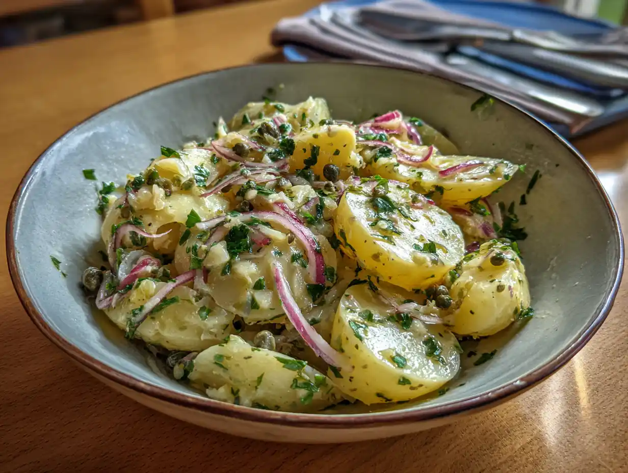 italiensk potatissallad i skål med kokt potatis, rödlök, kapris, persilja och blank dressing av olivolja och citron.