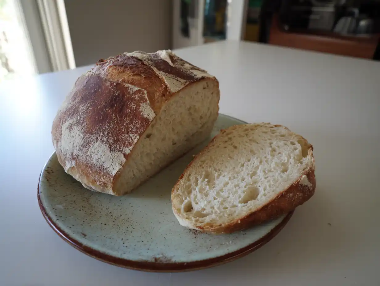 italienskt bröd nybakat med mjölig skorpa, luftig smula och rustik form på ett enkelt fat i hemmakök