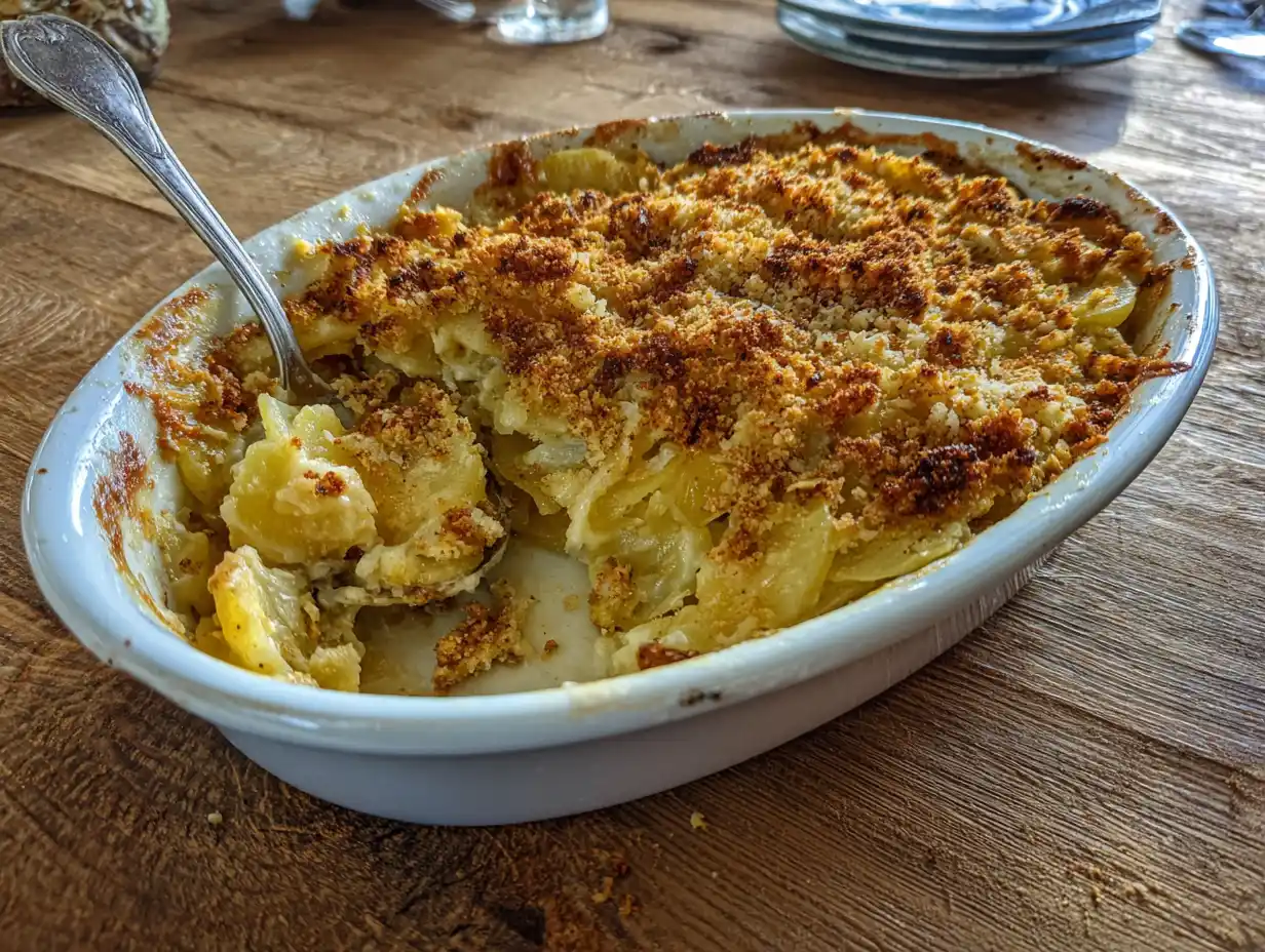 janssons frestelse utan grädde i ugnsform med gyllene yta, mjuk potatis och synliga ströbrödssmulor.