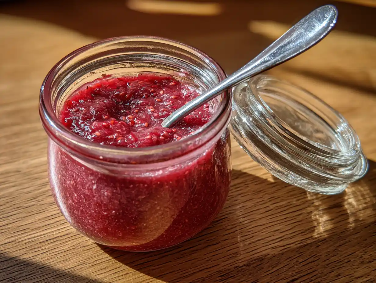 Jordgubbssylt med rabarber i glasburk, djupt röd-rosa sylt med synliga bärdelar, rustikt träbord