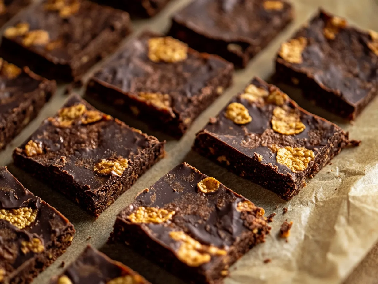 En närbild på krispigt julgodis med cornflakes och choklad uppskuret i rutor på ett bakplåtspapper.