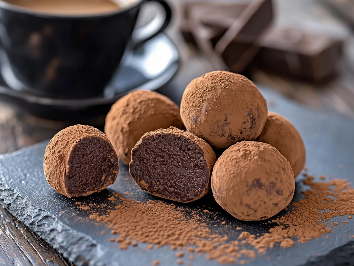 En elegant mörk skifferplatta med handrullad julgodis tryffel pudrad med kakao, serverad bredvid en kopp varmt kaffe.