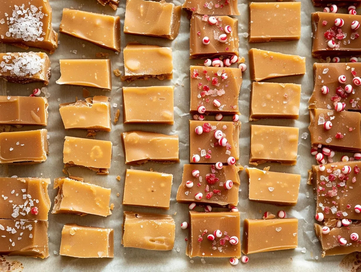 Tre olika sorters gyllenbrun julkola vackert upplagda på ett fat med topping av flingsalt, krossade polkagrisar och pepparkakskryddor.