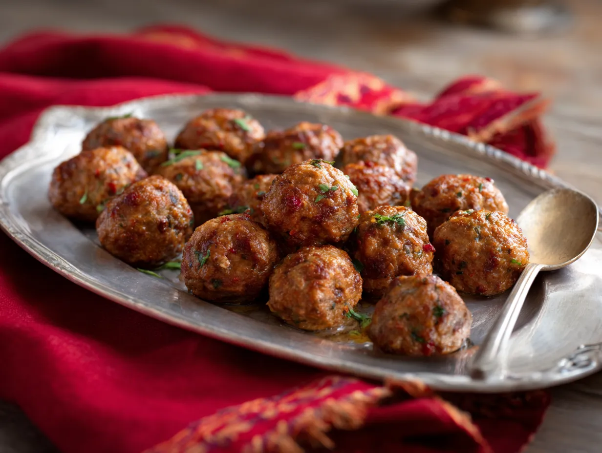 En tallrik med nystekta gyllenbruna julkottbullar serverade med klassiska tillbehör på ett vackert dukat julbord med stämningsfull belysning.