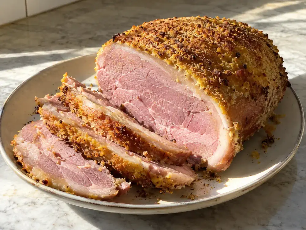 julskinka i ugn med saftig rosa skiva, gyllene senapsgriljering och frasigt ströbröd på fat