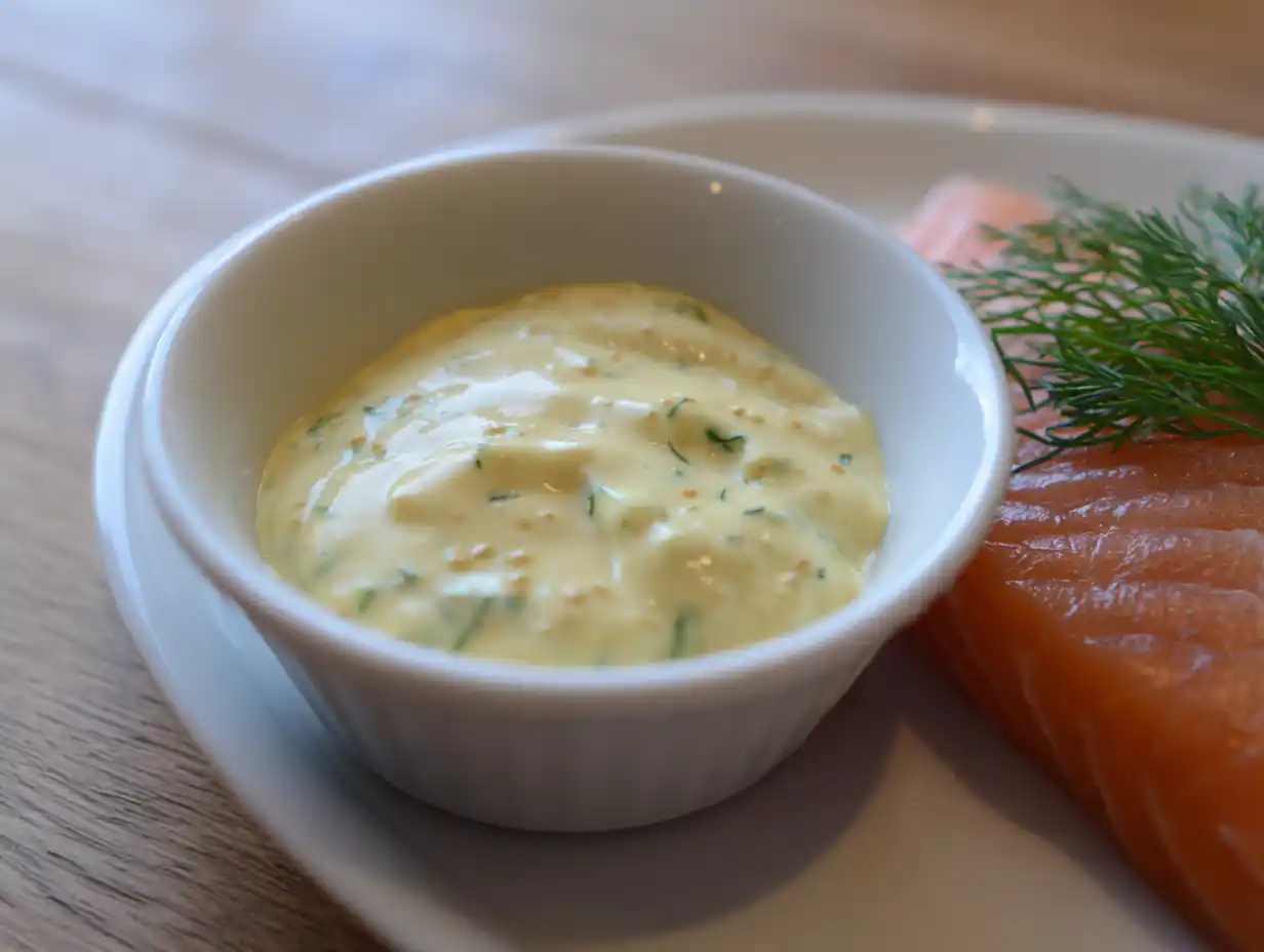 Kall sås till lax – tre skålar med gravlaxsås, dillmajonnäs och citronyoghurt på bricka, naturligt ljus