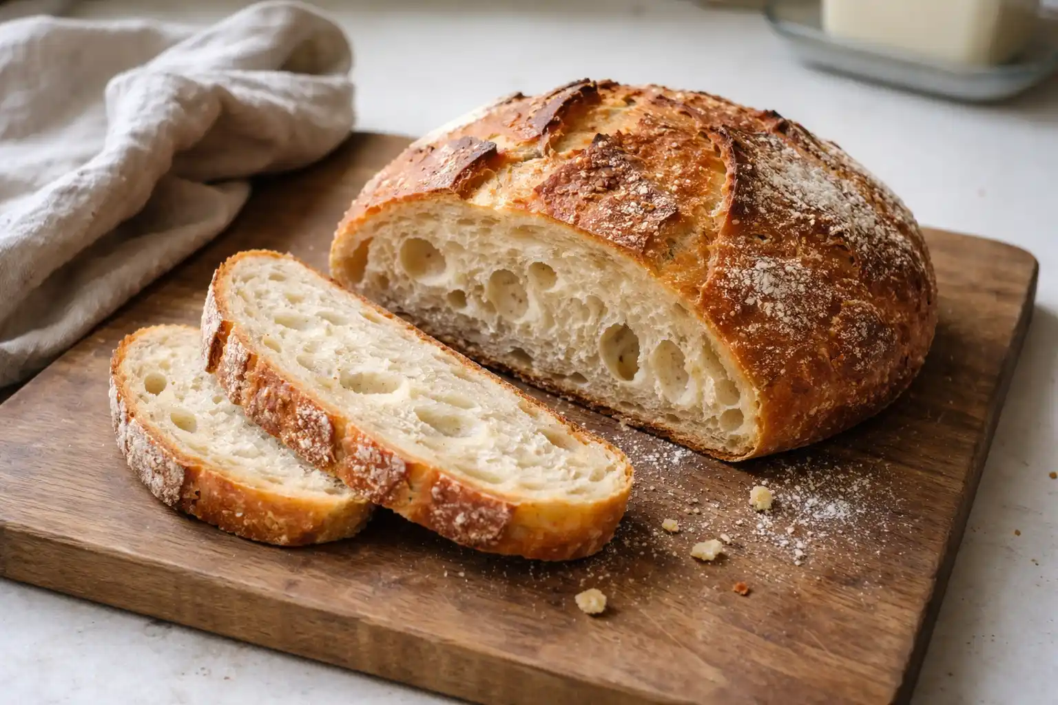 Kalljäst bröd med gyllene knaprig skorpa uppskuret på en skärbräda i ett hemkök