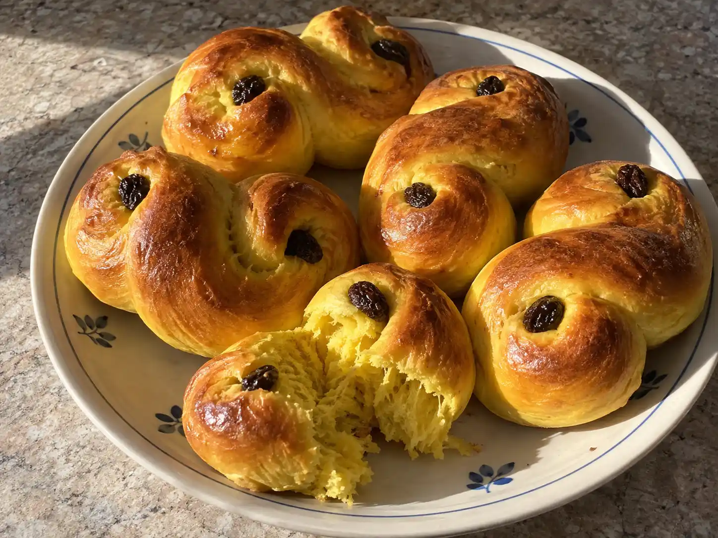 kalljästa lussebullar med gyllene saffransyta och russin, nygräddade och serverade på en enkel tallrik