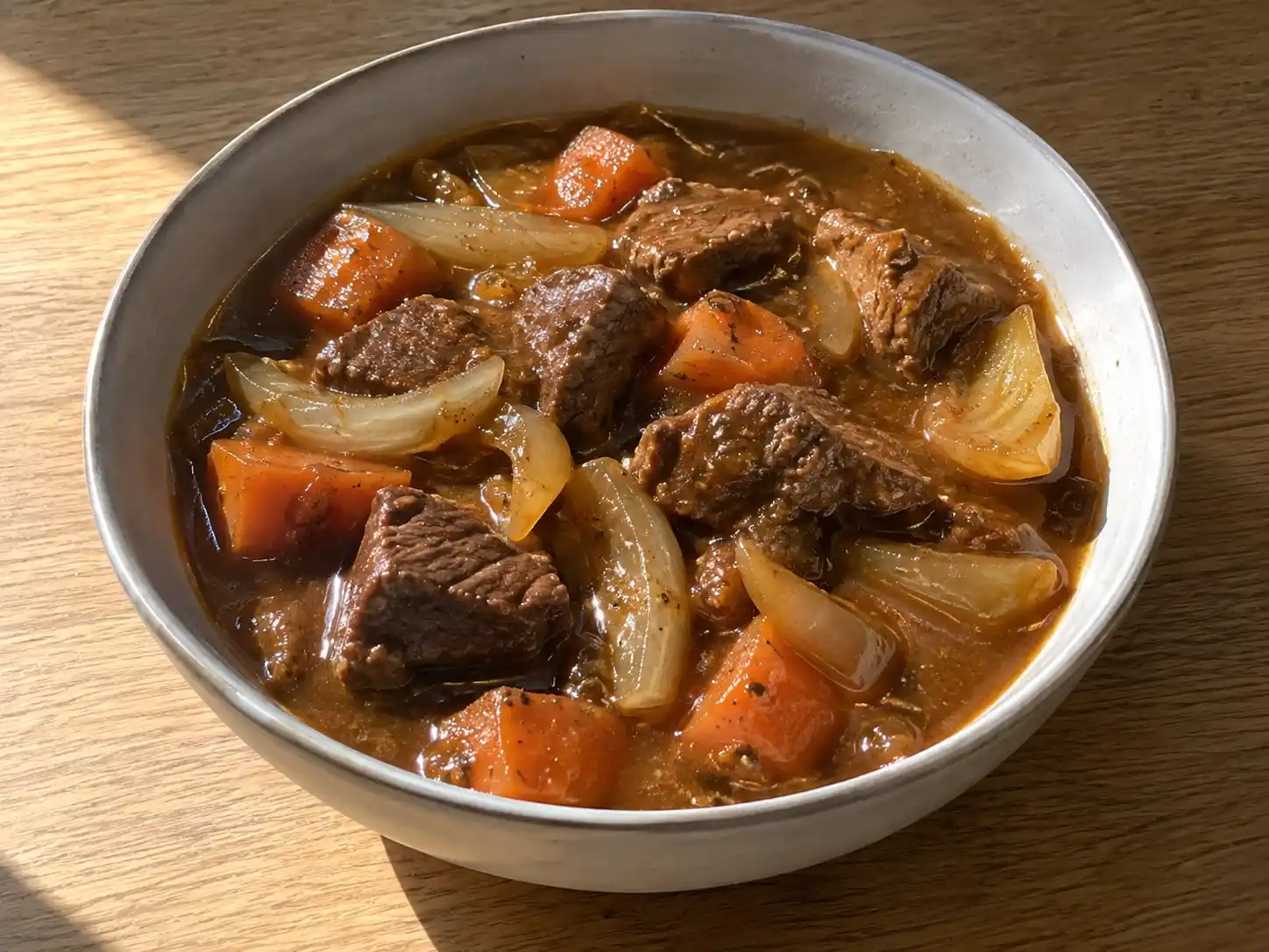 kalops i slow cooker med möra bitar högrev, morot och lök i mustig brun sky, serverad med potatis