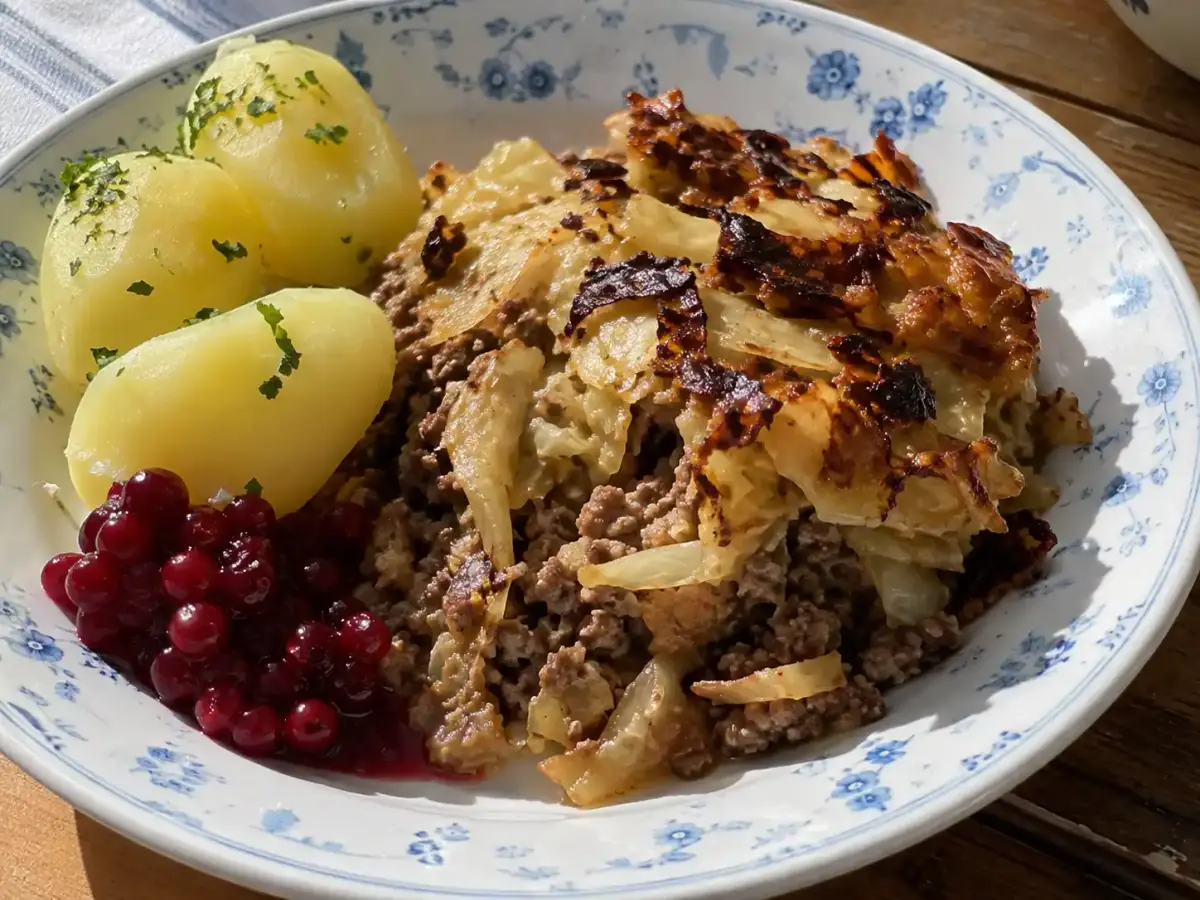 kålpudding recept med brynt vitkål och saftig blandfärs, serverad med lingon och kokt potatis