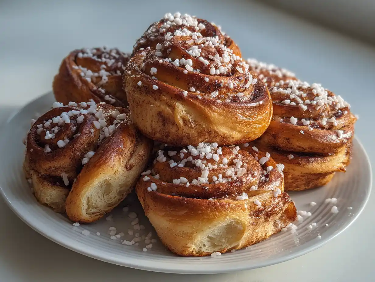 Kanelbullar med torrjäst på plåt med pärlsocker, gyllene yta och tydliga virvlar av kanel och smör.