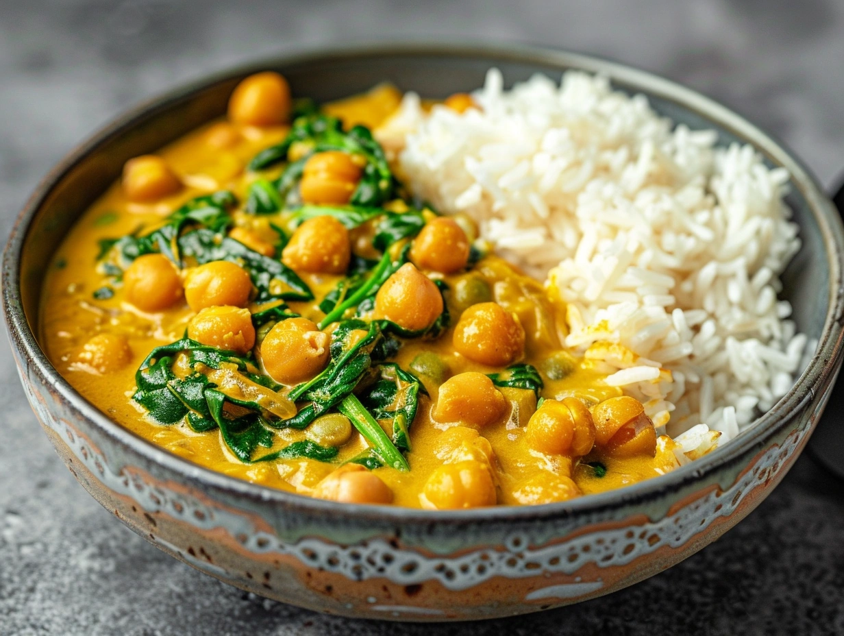 En närbild på en skål fylld med rykande varm kikärtsgryta med spenat och krämig kokosmjölk serverad med ris.