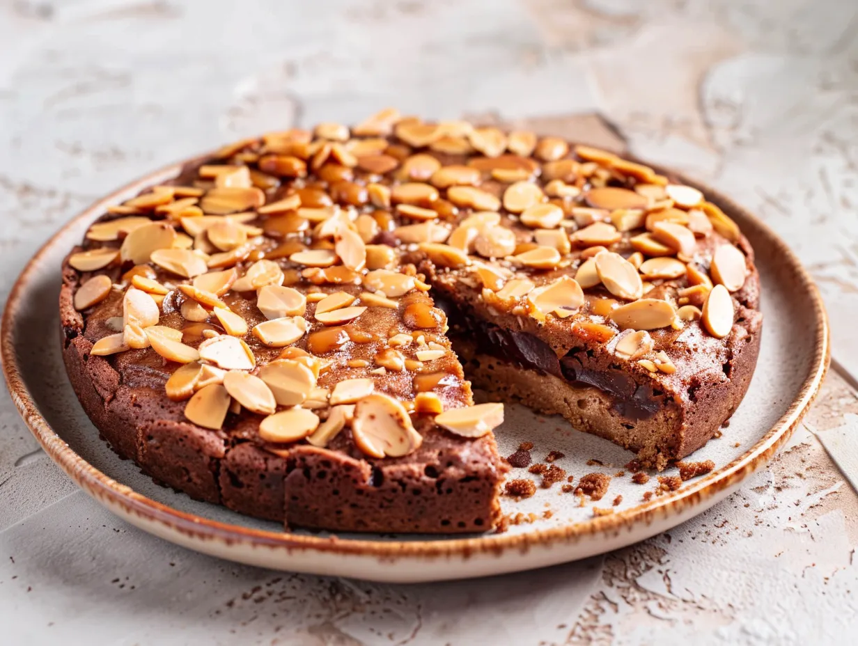 Kladdkaka med daim med seg mitt och krispig hackad Daim på toppen, skuren i bitar för fika.