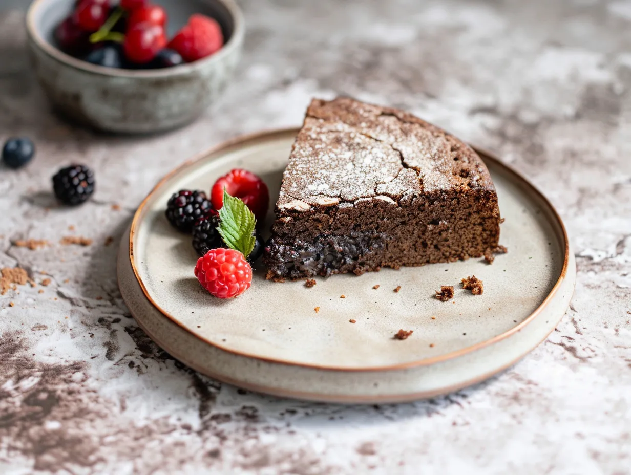 Kladdkaka med mandelmjöl med fudgig mitt, mörk kakaoyta och lätt krackelerad topp i rund form.